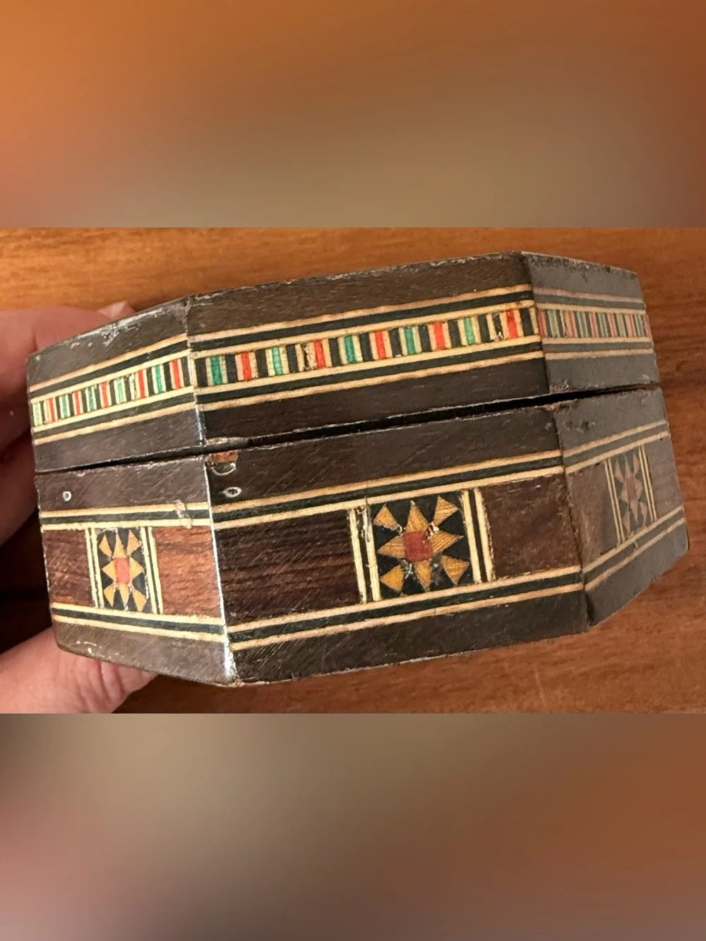 VTG Inlay Wooden Trinket Box MOP Mosaic Jewelry Octagonal